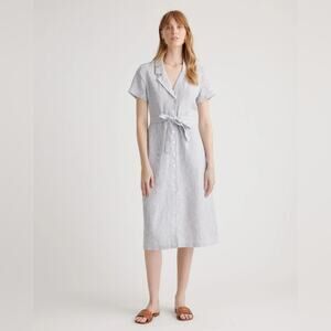Quince European 100% Linen Striped Button-Up Midi Dress with Belt - Size L